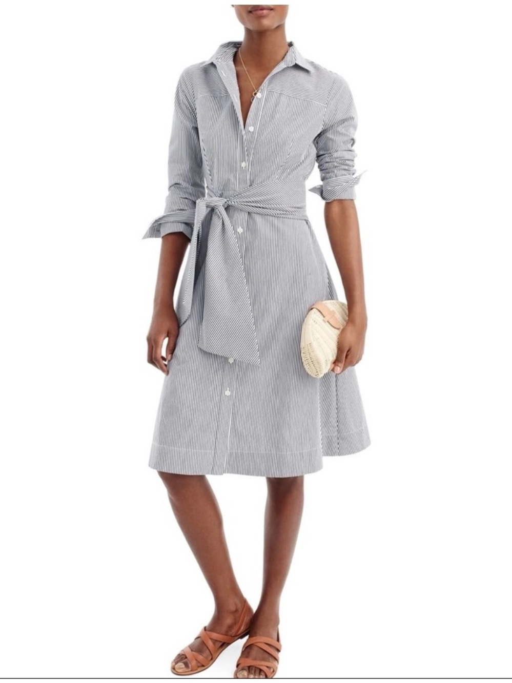 J Crew Striped Button-Front Shirt Dress with Waist Tie - Navy size 10 ladies